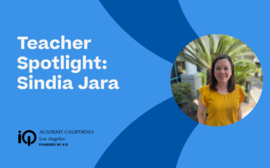 Graphic featuring the "Sindia Jara” alongside the iQ Academy California – Los Angeles logo. On the right side, a photo shows Ms. Jara standing outdoors in a yellow top with greenery in the background.