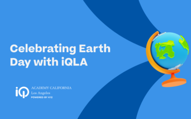 Graphic promoting Earth Day with the text ‘Celebrating Earth Day with iQLA,’ featuring a colorful blue and green globe on a stand, the iQ Academy California–Los Angeles logo, and a light‑blue background with darker blue abstract curves.